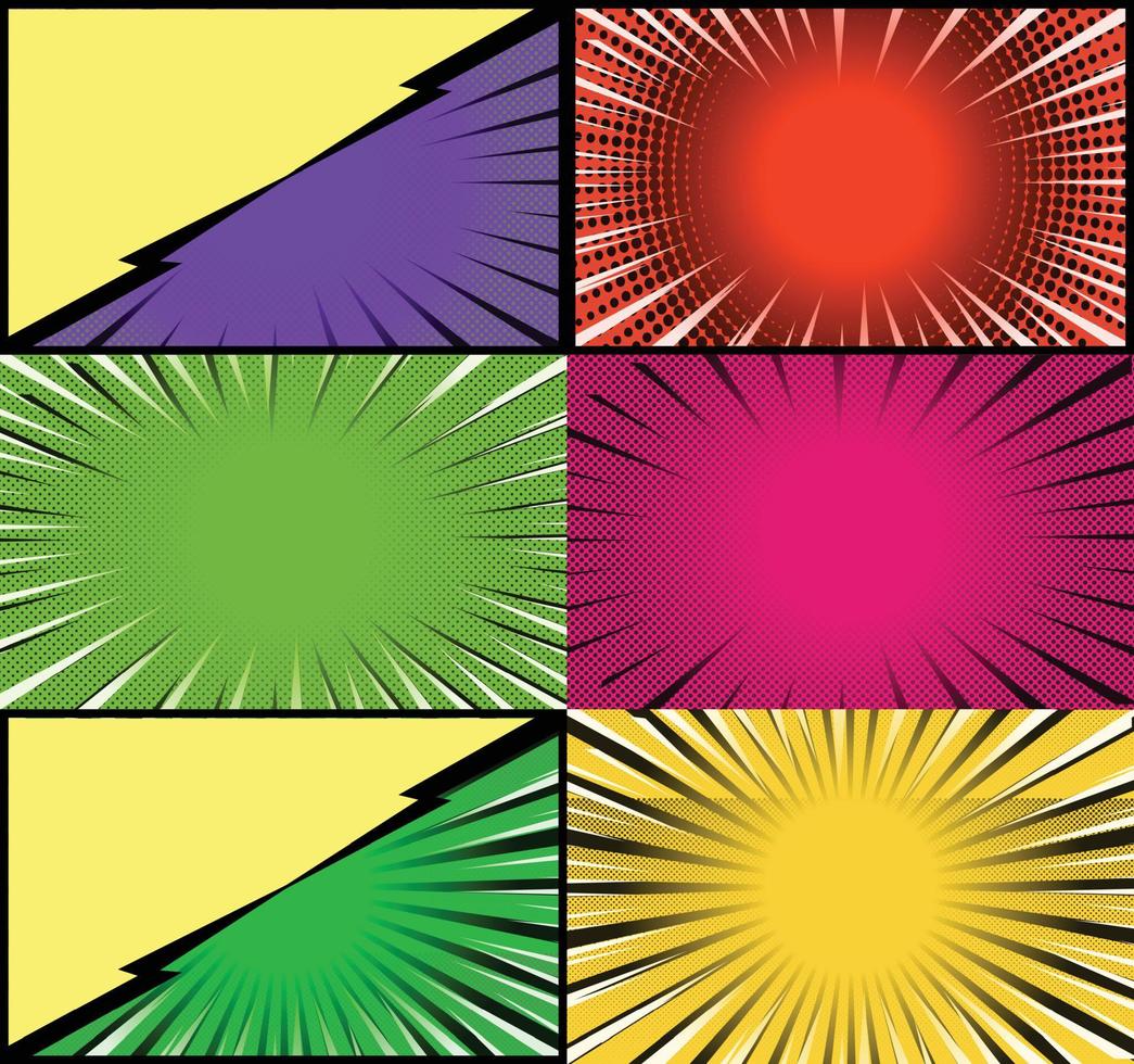 fundo de quadros coloridos de quadrinhos com raios de meio-tom radial e efeitos pontilhados estilo pop art vetor