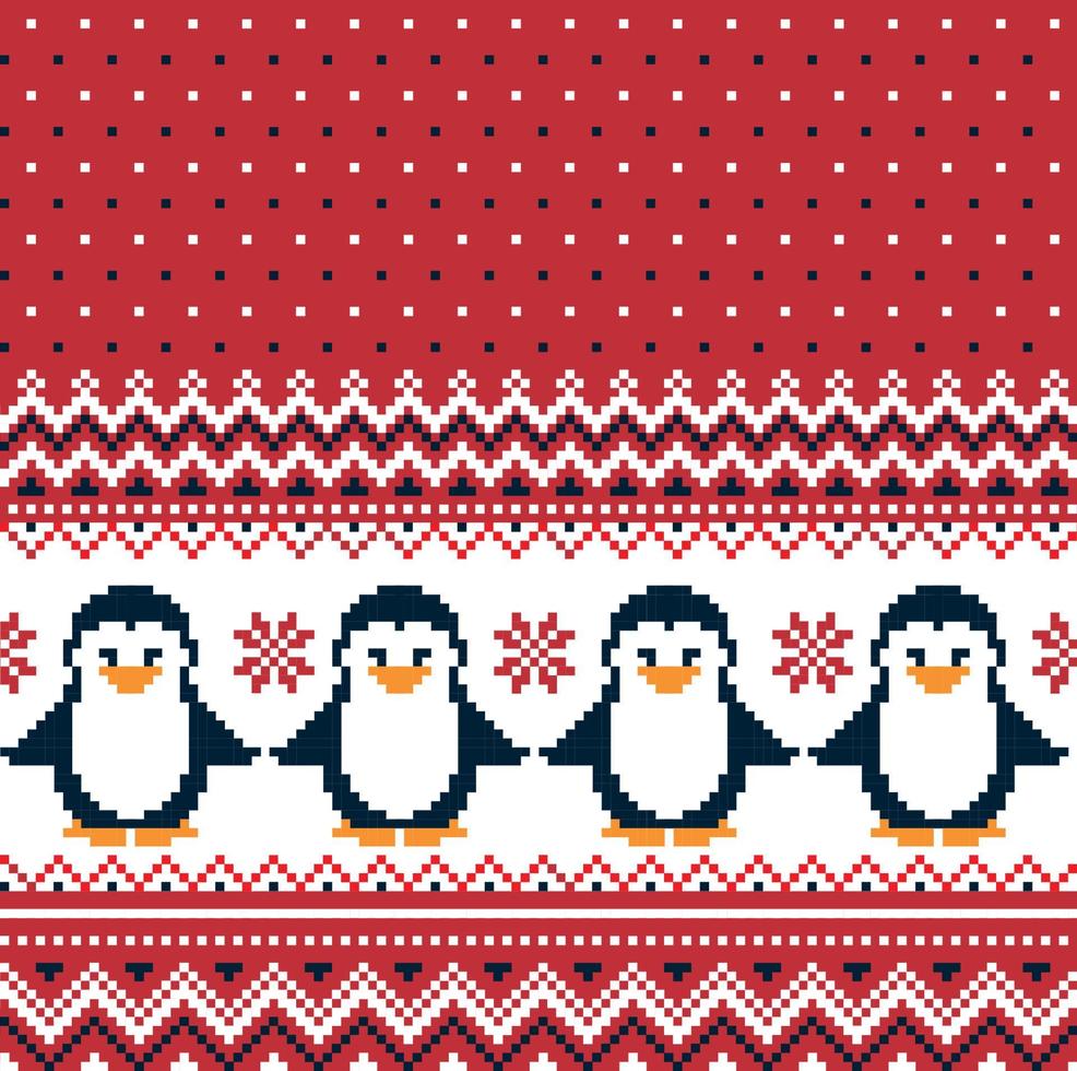 pixel de padrão de natal de ano novo com ilustração vetorial de pinguins vetor