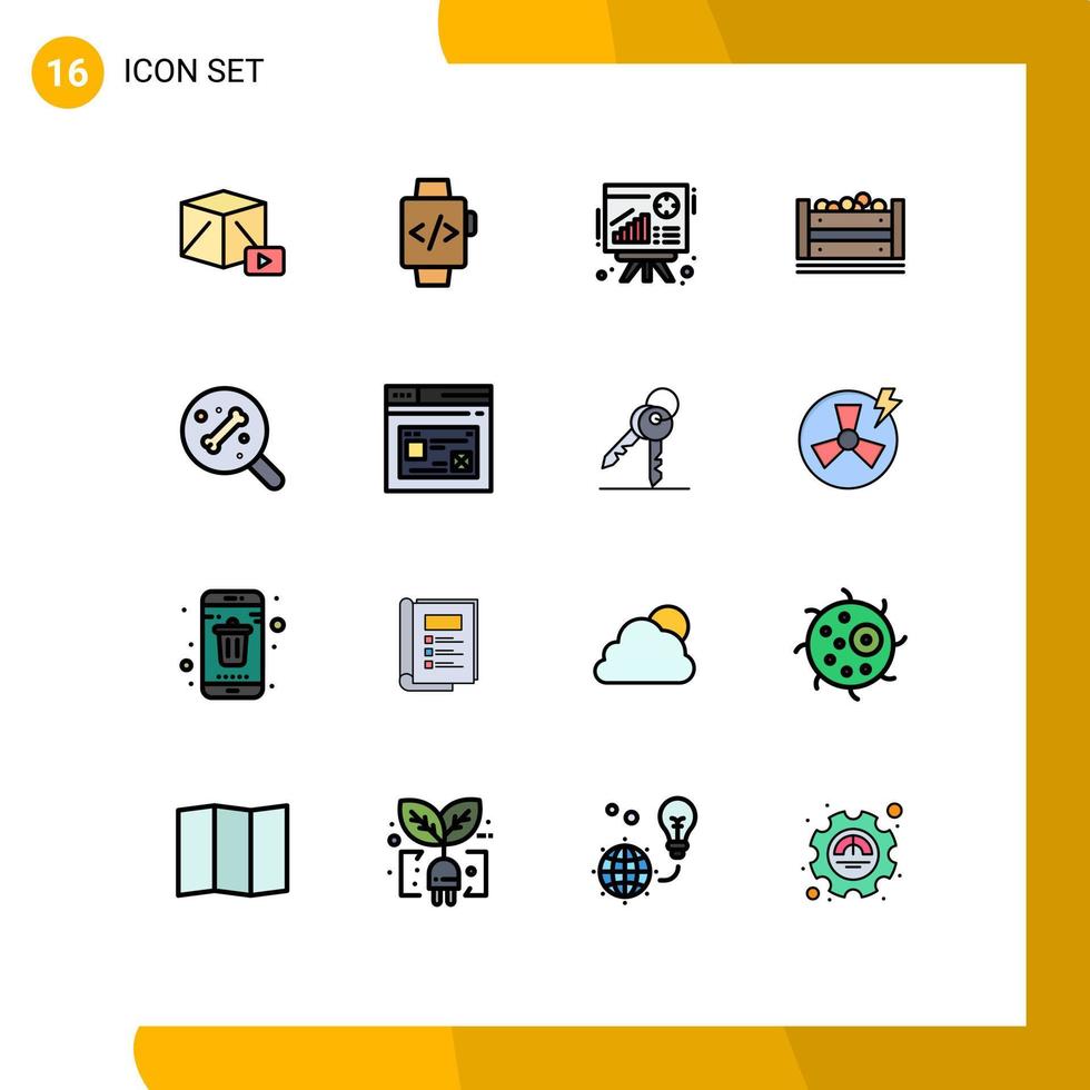 conjunto de pictogramas de 16 linhas simples preenchidas de cores planas do gráfico de pesquisa científica comida bangla elementos de design de vetores criativos editáveis