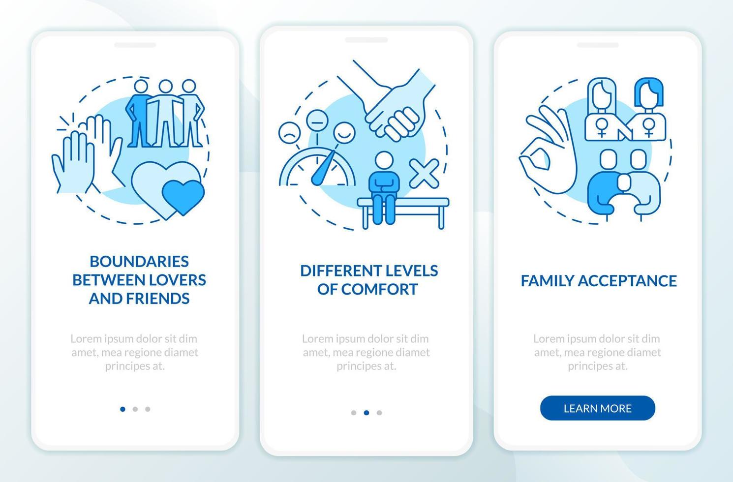 problemas na tela do aplicativo móvel de integração azul dos casais lgbt. instruções gráficas editáveis passo a passo em 3 etapas com conceitos lineares. interface do usuário, ux, modelo de gui vetor