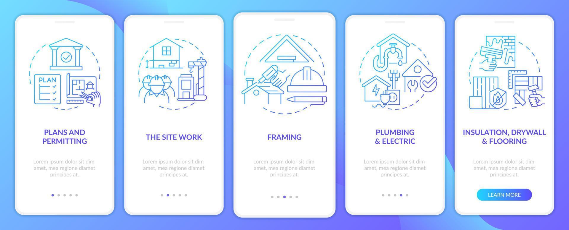fases de construção de casa gradiente azul integração tela do aplicativo móvel vetor