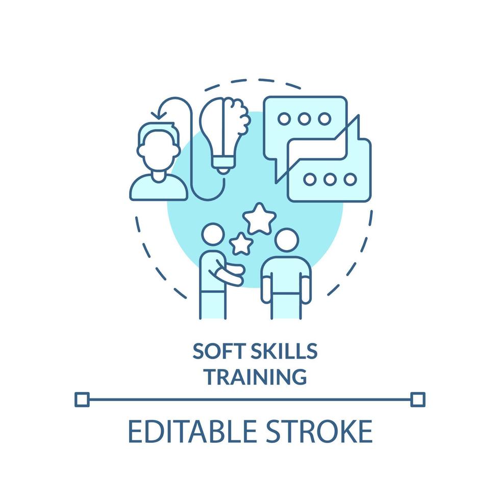 ícone do conceito turquesa de treinamento de habilidades suaves. programas de desenvolvimento de funcionários tipo ideia abstrata ilustração de linha fina. desenho de esboço isolado. traço editável vetor