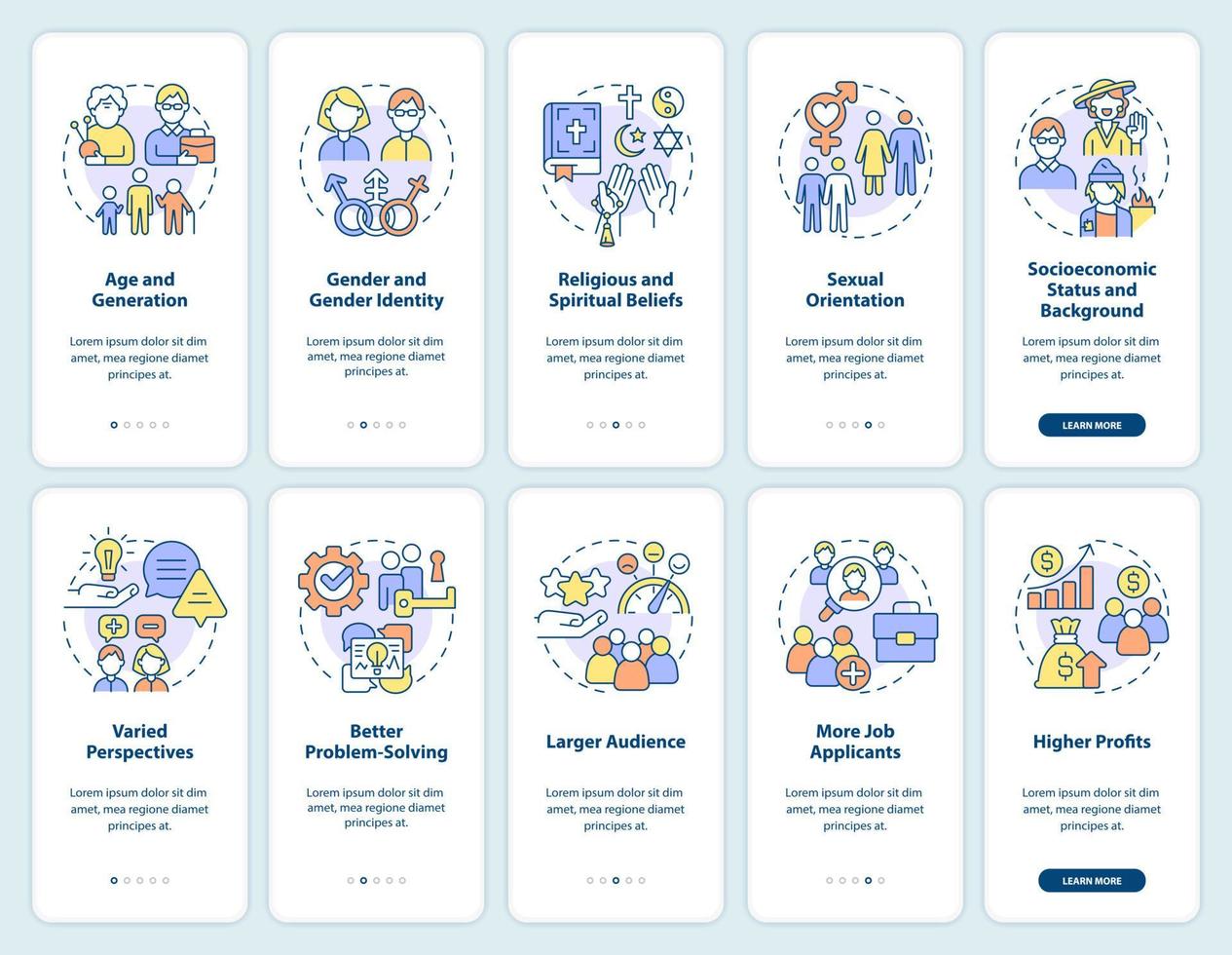 conjunto de telas de aplicativos móveis de integração de diversidade e inclusão vetor