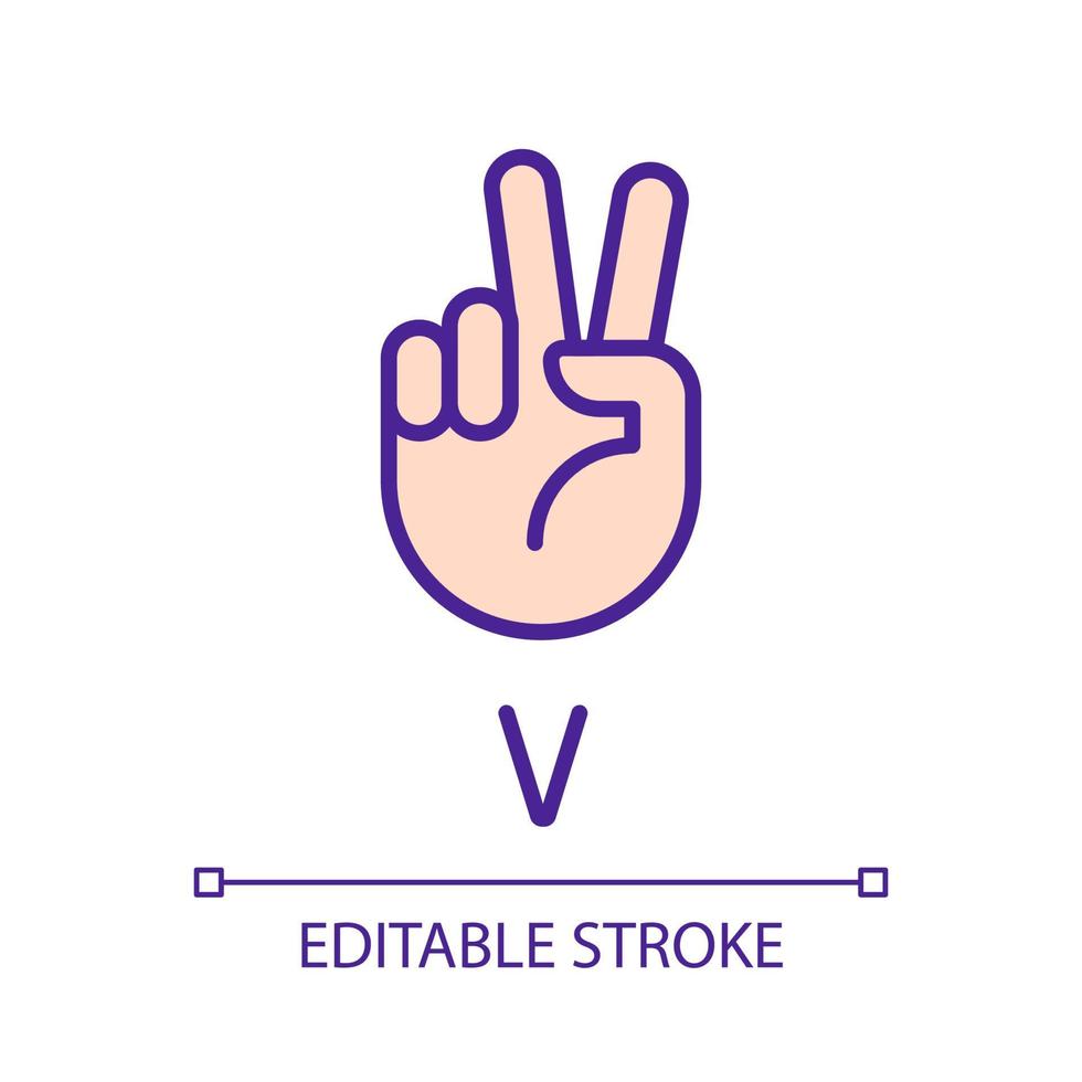 letra v no ícone de cor rgb perfeita do pixel do sistema asl. visualização sonora por gestos. comunicação. ilustração vetorial isolada. desenho de linha preenchida simples. curso editável. fonte arial usada vetor