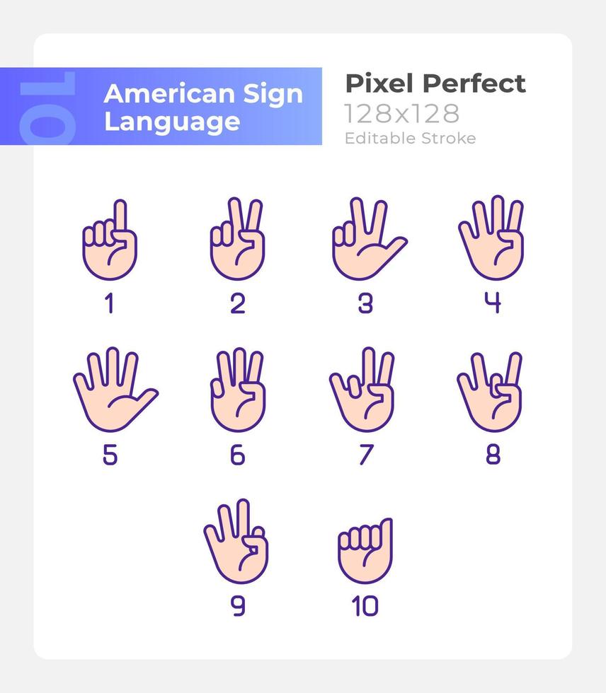 Dígitos em conjunto de ícones de cores rgb perfeitas de pixel de linguagem de sinais americana. ilustrações vetoriais isoladas. coleção de desenhos de linha preenchida simples. curso editável. montserrat negrito, fontes claras usadas vetor