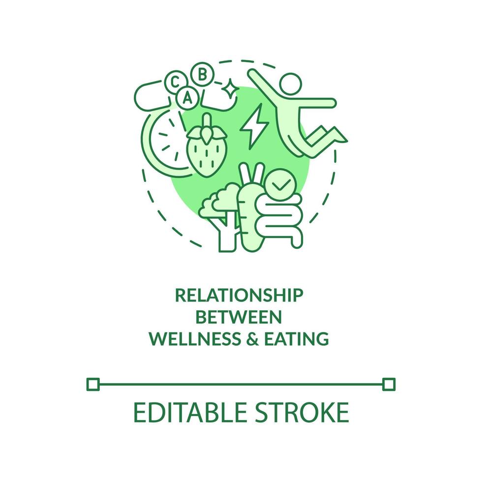 relação entre o bem-estar e o ícone do conceito verde de alimentação saudável. ilustração de linha fina de ideia abstrata de nutrição. desenho de esboço isolado. curso editável. arial, inúmeras fontes pro-bold usadas vetor