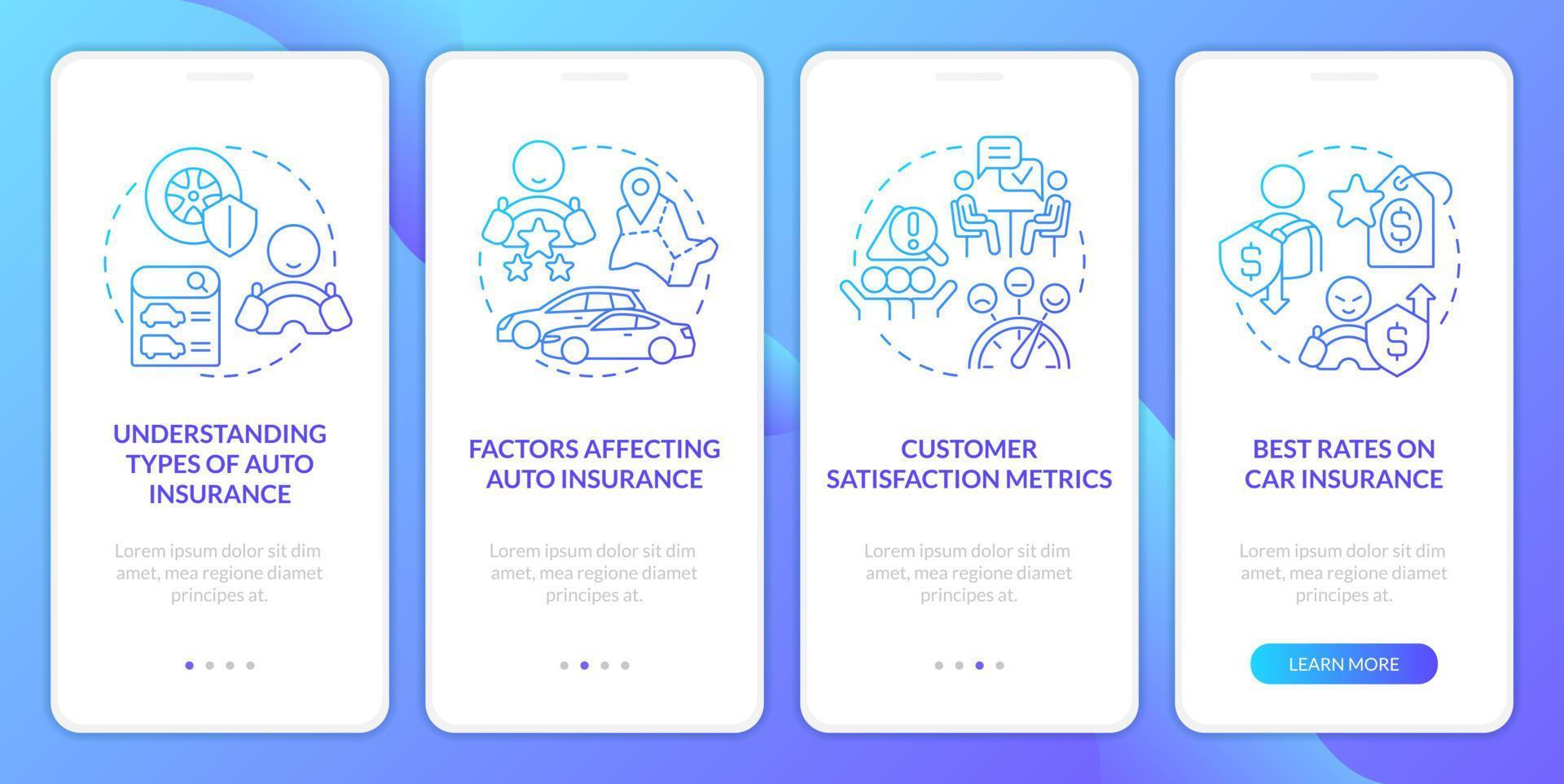 encontrar cobertura de seguro de carro gradiente azul integrando a tela do aplicativo móvel. passo a passo 4 passos instruções gráficas com conceitos lineares. modelo ui, ux, gui. inúmeras fontes pro-bold regulares usadas vetor