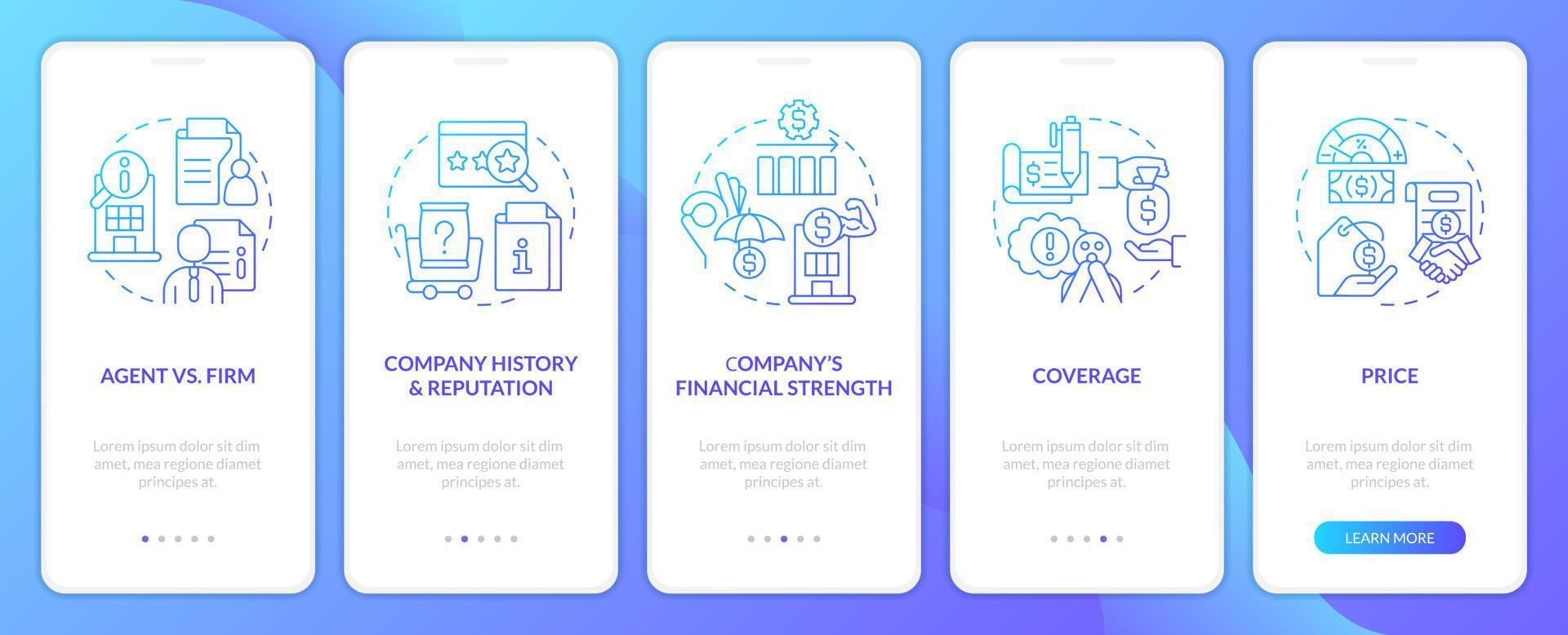 escolhendo a tela do aplicativo móvel de gradiente azul do provedor de seguros certo. passo a passo 5 passos instruções gráficas com conceitos lineares. modelo ui, ux, gui. inúmeras fontes pro-bold regulares usadas vetor