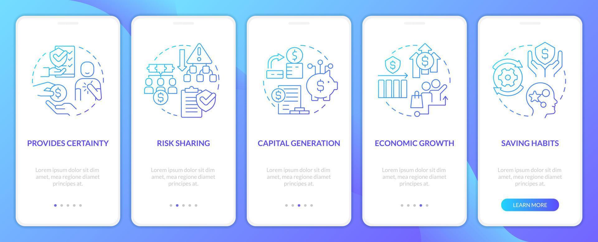 os segurados beneficiam a tela do aplicativo móvel de integração com gradiente azul. Passo a passo de seguros 5 instruções gráficas com conceitos lineares. modelo ui, ux, gui. inúmeras fontes pro-bold regulares usadas vetor