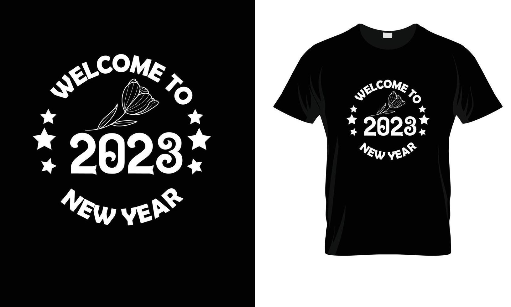 bem-vindo à camiseta do ano novo 2023, ilustração vetorial do design da camiseta do ano novo com estrelas e flores vetor