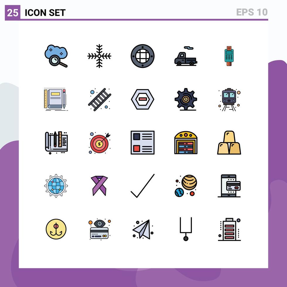 25 cores planas de linha preenchida universal definidas para aplicações web e móveis caminhão de negócios transporte de inverno elementos de design de vetores editáveis ao ar livre