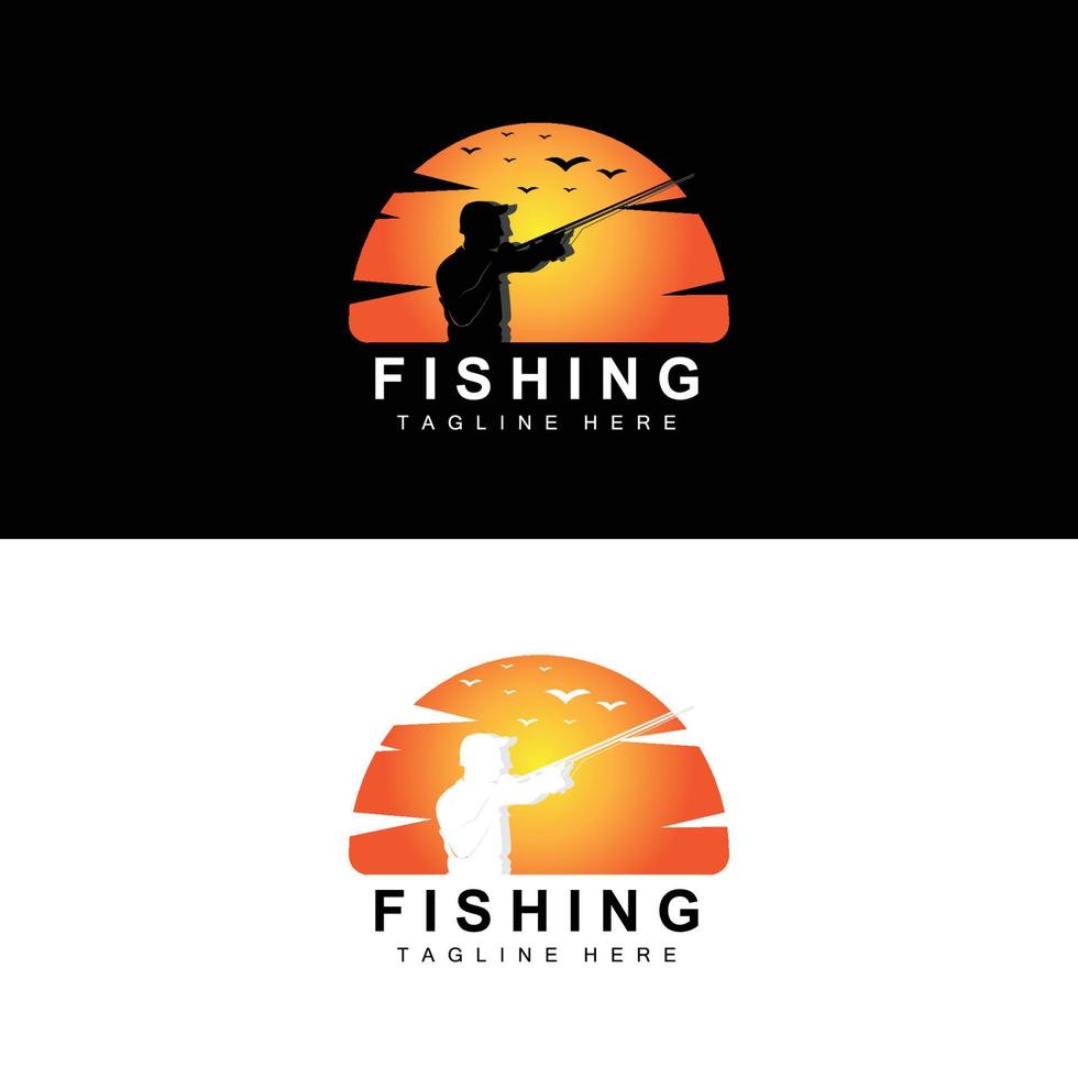 vetor de ícone de logotipo de pesca, pegar peixes no barco, design de silhueta do pôr do sol ao ar livre