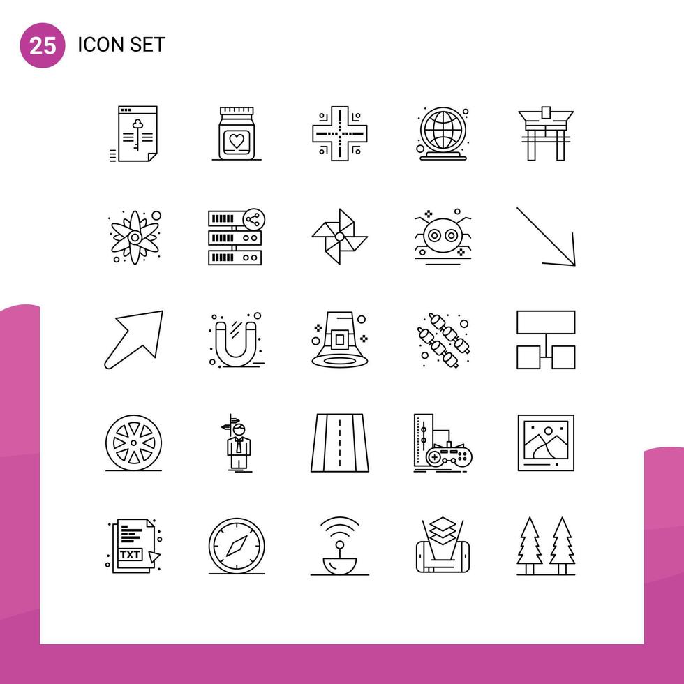 conjunto moderno de pictograma de 25 linhas do mercado da ponte, casamento em todo o mundo elementos de design de vetores editáveis