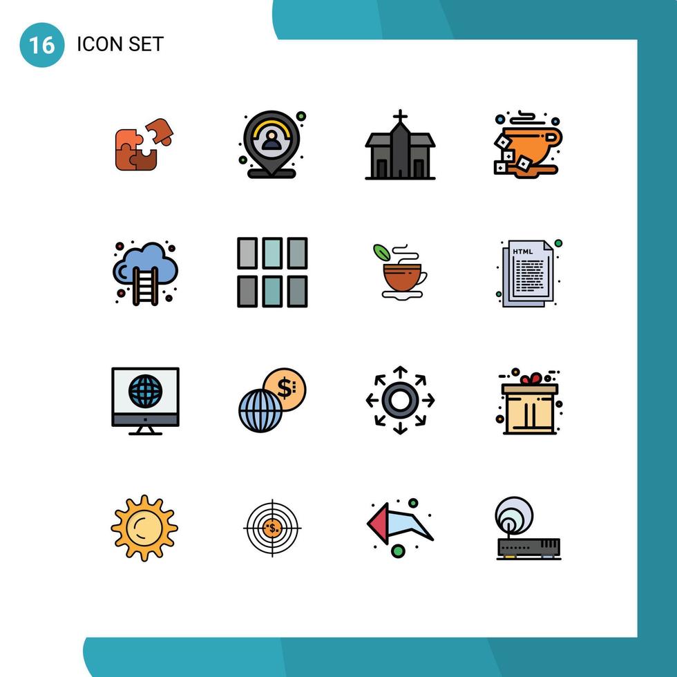 conjunto de pictogramas de 16 linhas cheias de cores planas simples de mapa de mosteiro de café histórico cristão editável elementos de design de vetores criativos