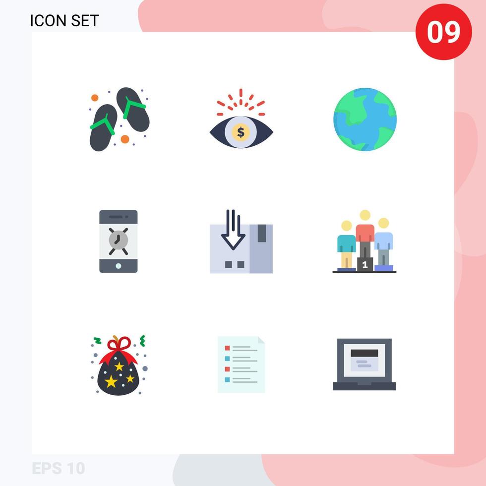 Pacote de cores planas de 9 interfaces de usuário de sinais e símbolos modernos de elementos de design de vetores editáveis de alarme de globo de telefone de entrega
