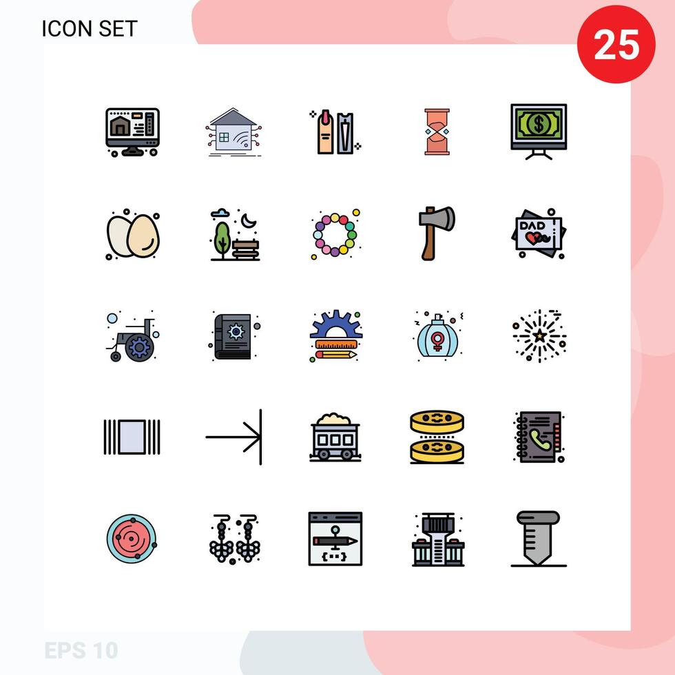 pacote de interface do usuário de 25 cores planas básicas de linha preenchida de temporizador de areia maquiagem de tempo de beleza elementos de design de vetores editáveis