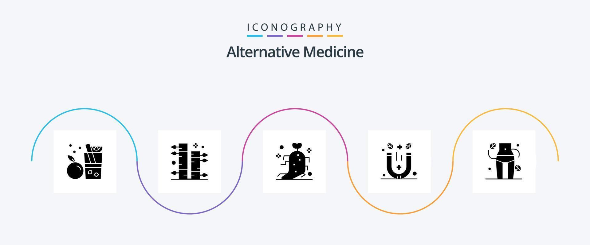 pacote de ícones de glifo 5 de medicina alternativa, incluindo cintura. terapia. medicamento. spa. magnético vetor