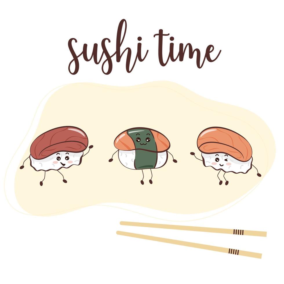 banner de tempo de sushi personagens engraçados comida asiática vetor