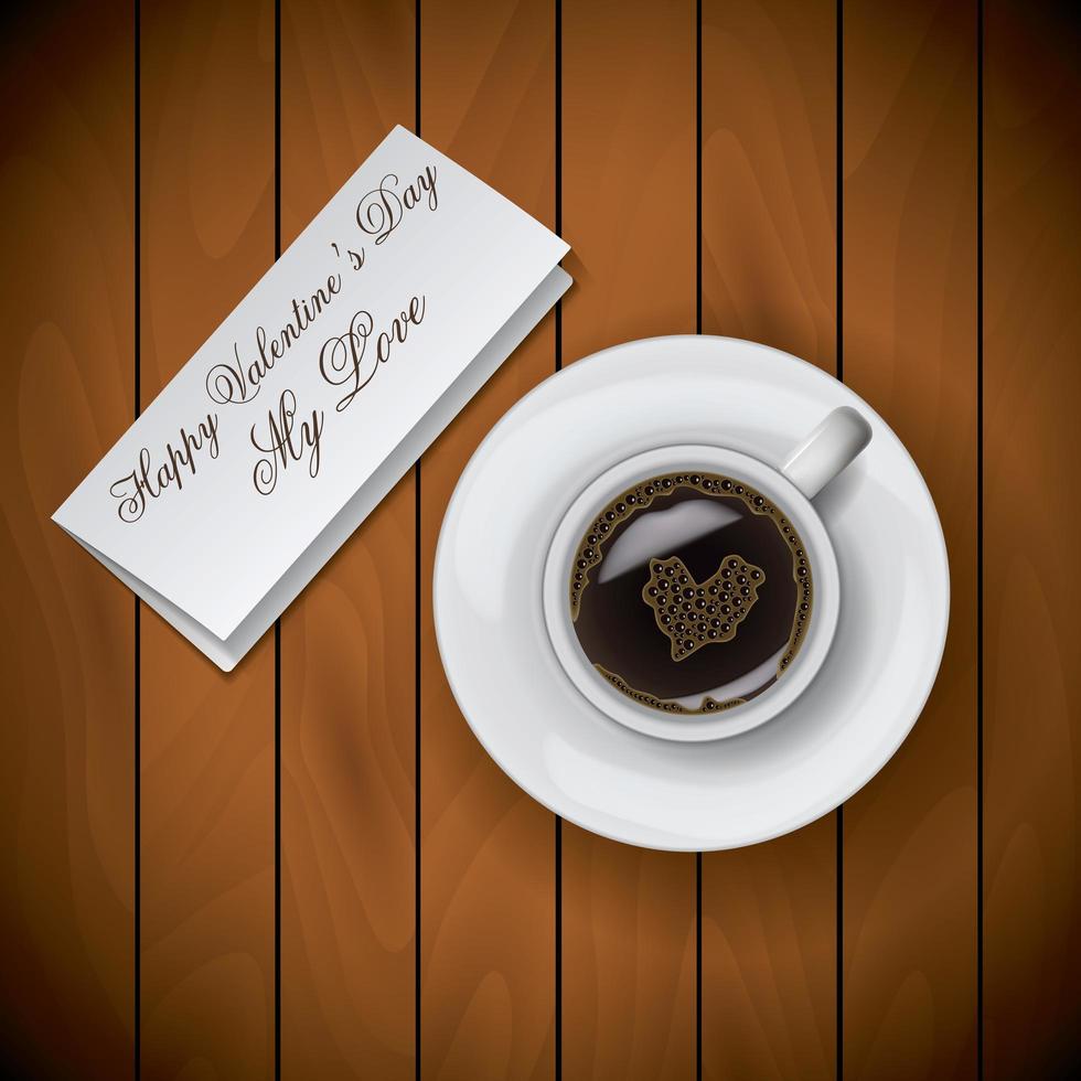 xícara de café com letra em fundo de madeira vetor