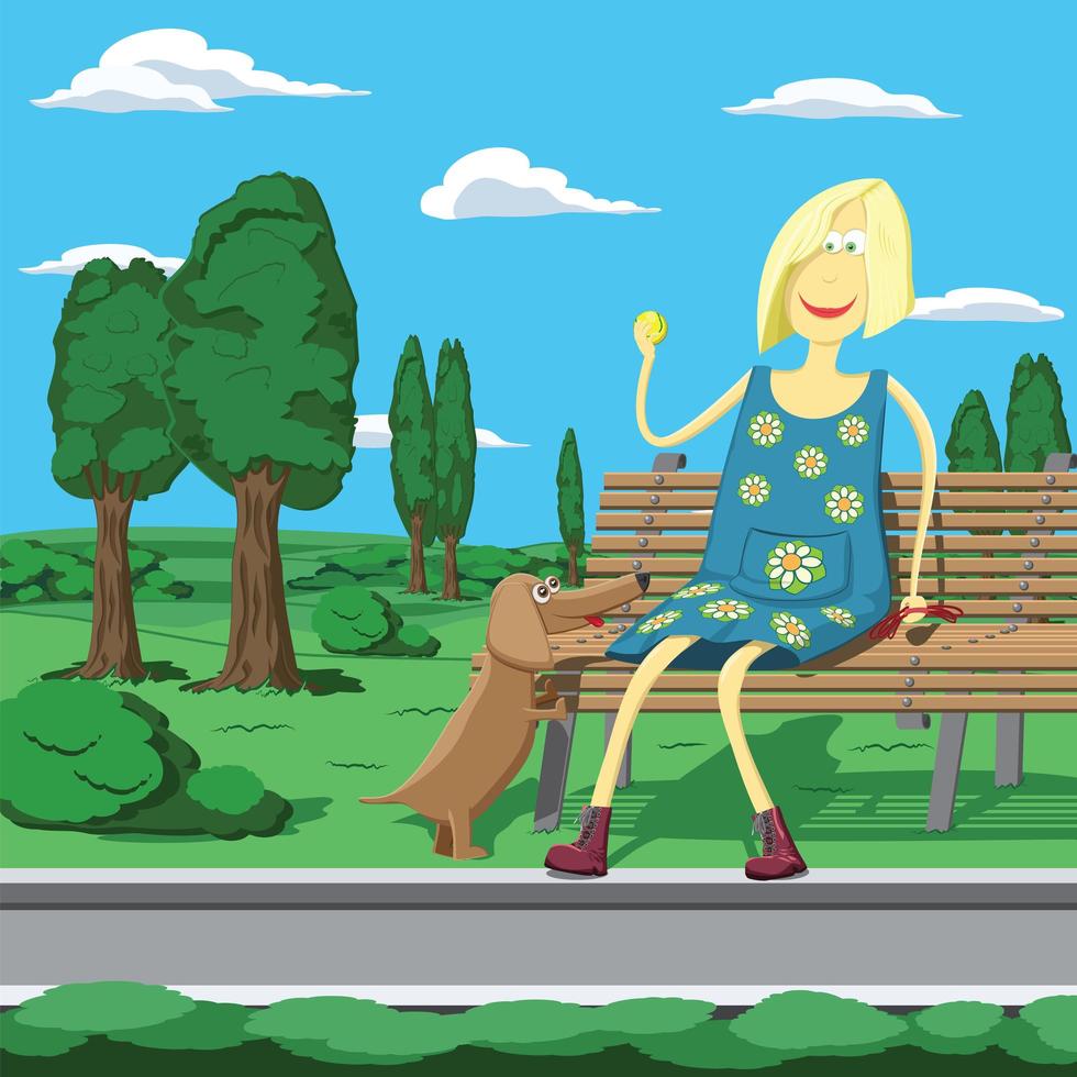 garota de desenho animado no parque sentada no banco vetor