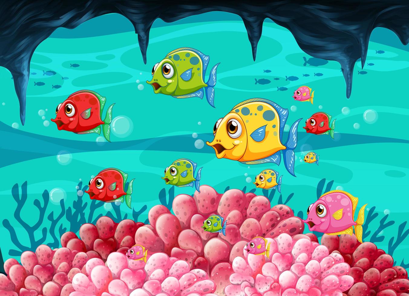 muitos peixes exóticos personagem de desenho animado na cena subaquática com corais vetor