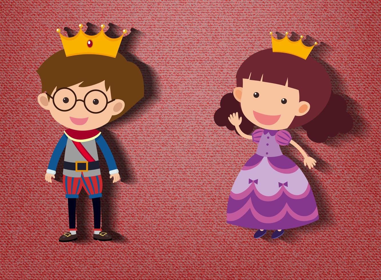 personagem de desenho animado de pequeno príncipe e princesa em fundo vermelho vetor