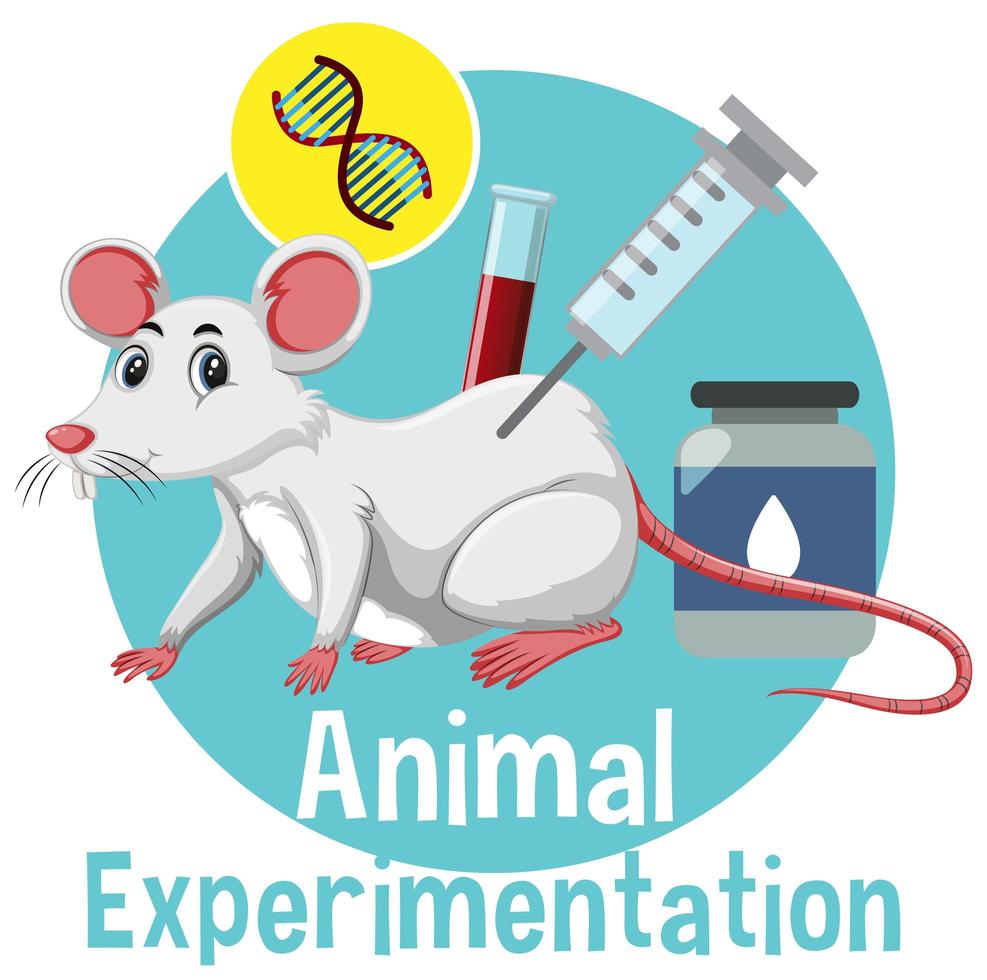 fonte de experimentação animal com um logotipo de rato branco em estilo desenho animado vetor