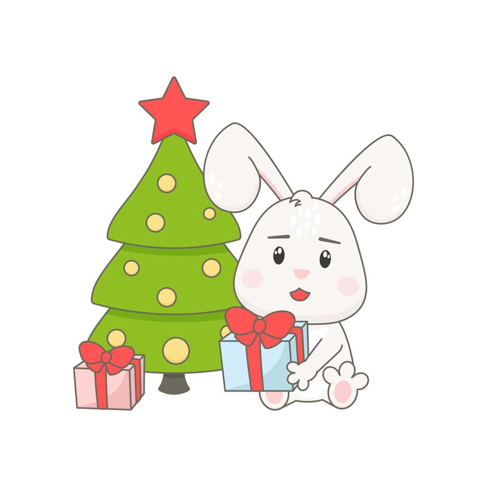 personagem de coelho fofo com árvore de natal isolada no branco. vetor