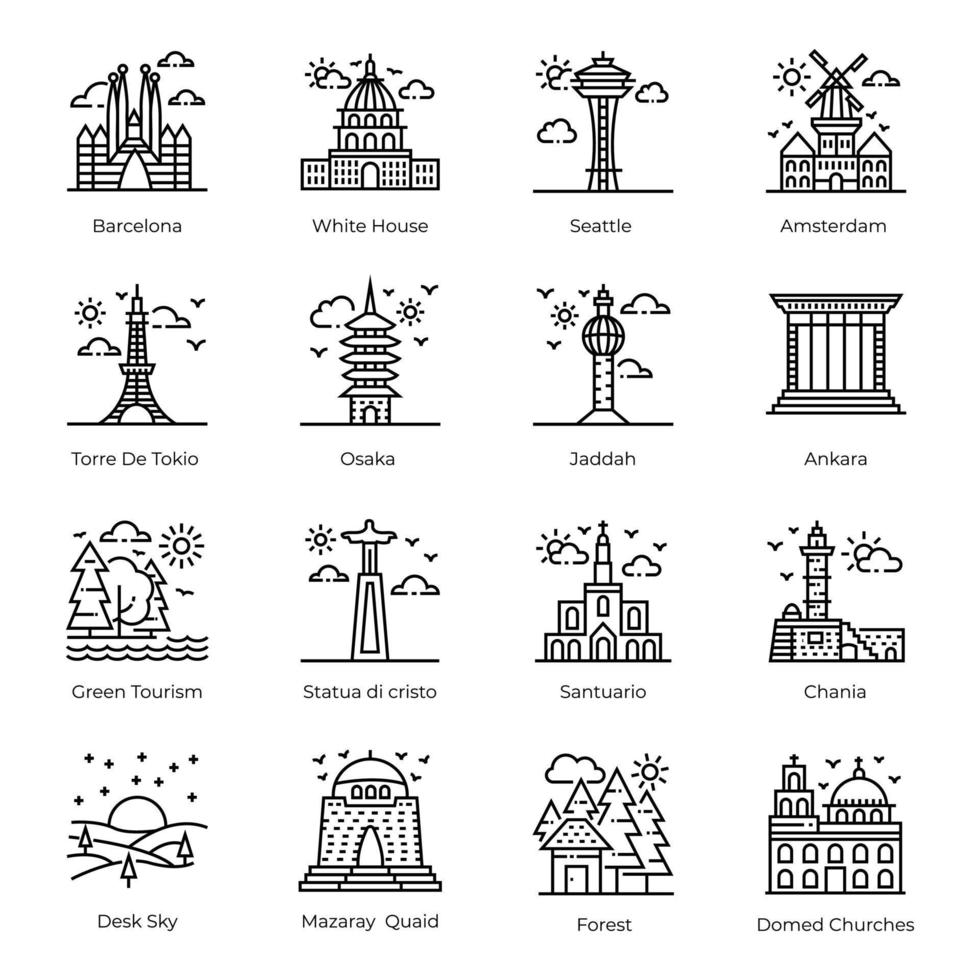 pacote de ícones lineares de marcos mundialmente famosos vetor