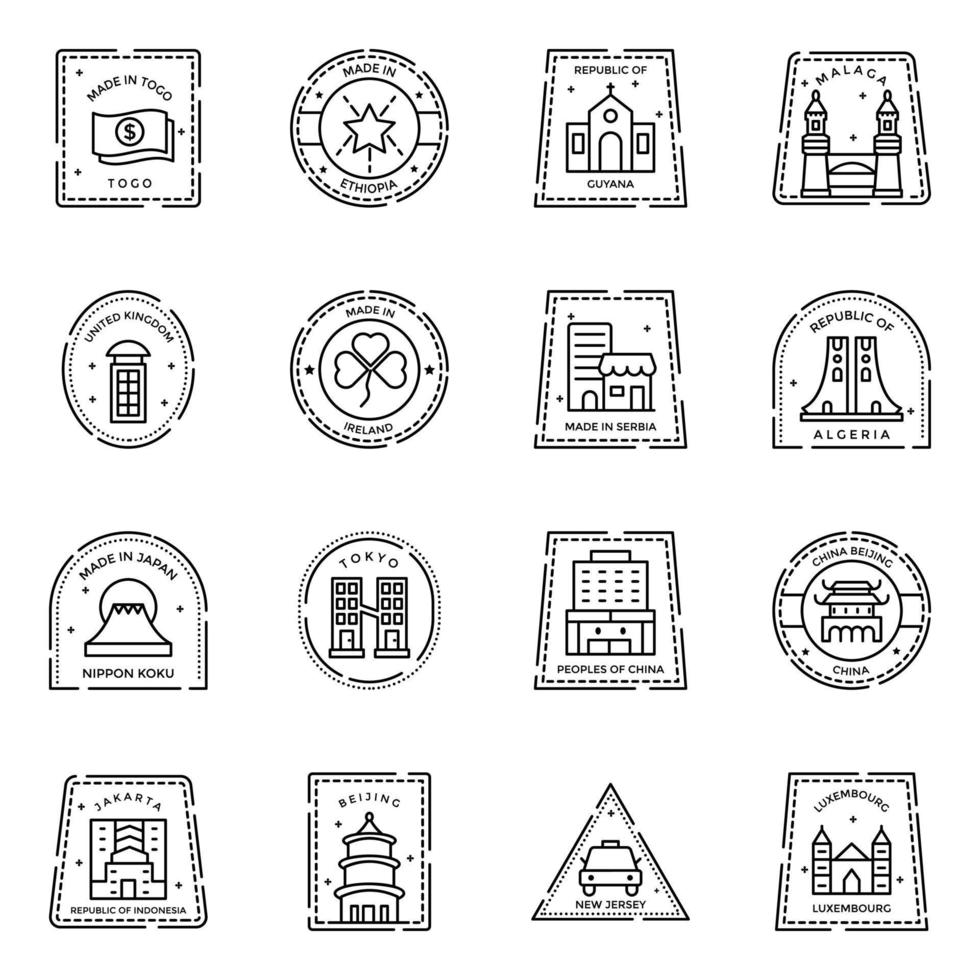 variedade de ícones lineares de selos nacionais e internacionais vetor
