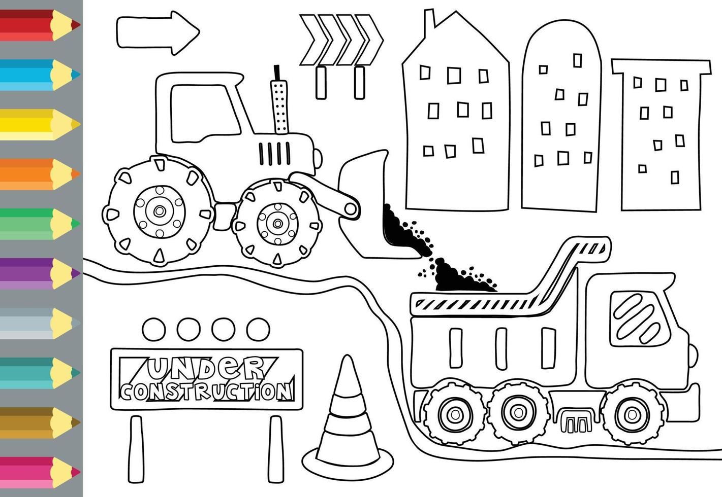 desenho animado do processo de construção com veículos de construção, elementos de construção, livro para colorir ou página vetor