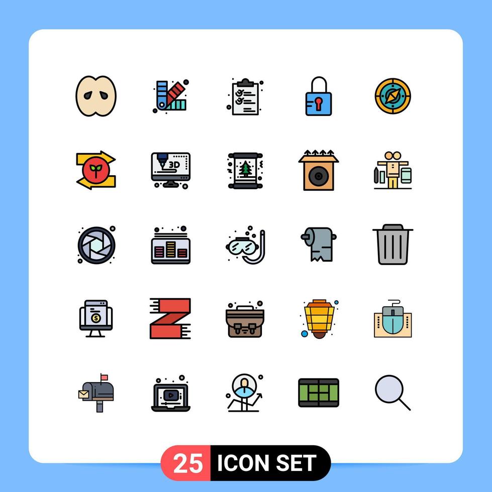 Conceito de cor plana de 25 linhas preenchidas para sites móveis e navegação de aplicativos, lista de bloqueio de chip bloqueado, elementos de design vetorial editáveis vetor