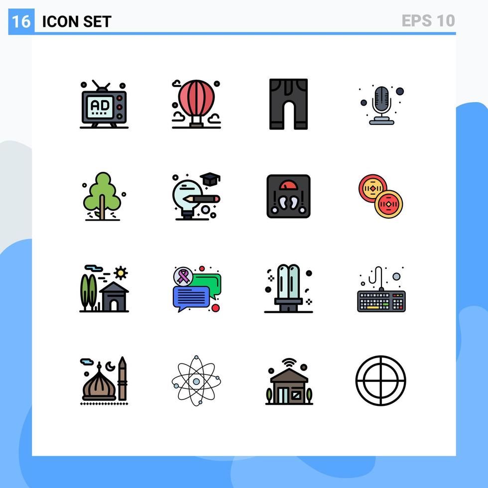16 sinais de linha preenchidos de cores planas universais símbolos da natureza microfone mountain mic calças editáveis elementos de design de vetores criativos