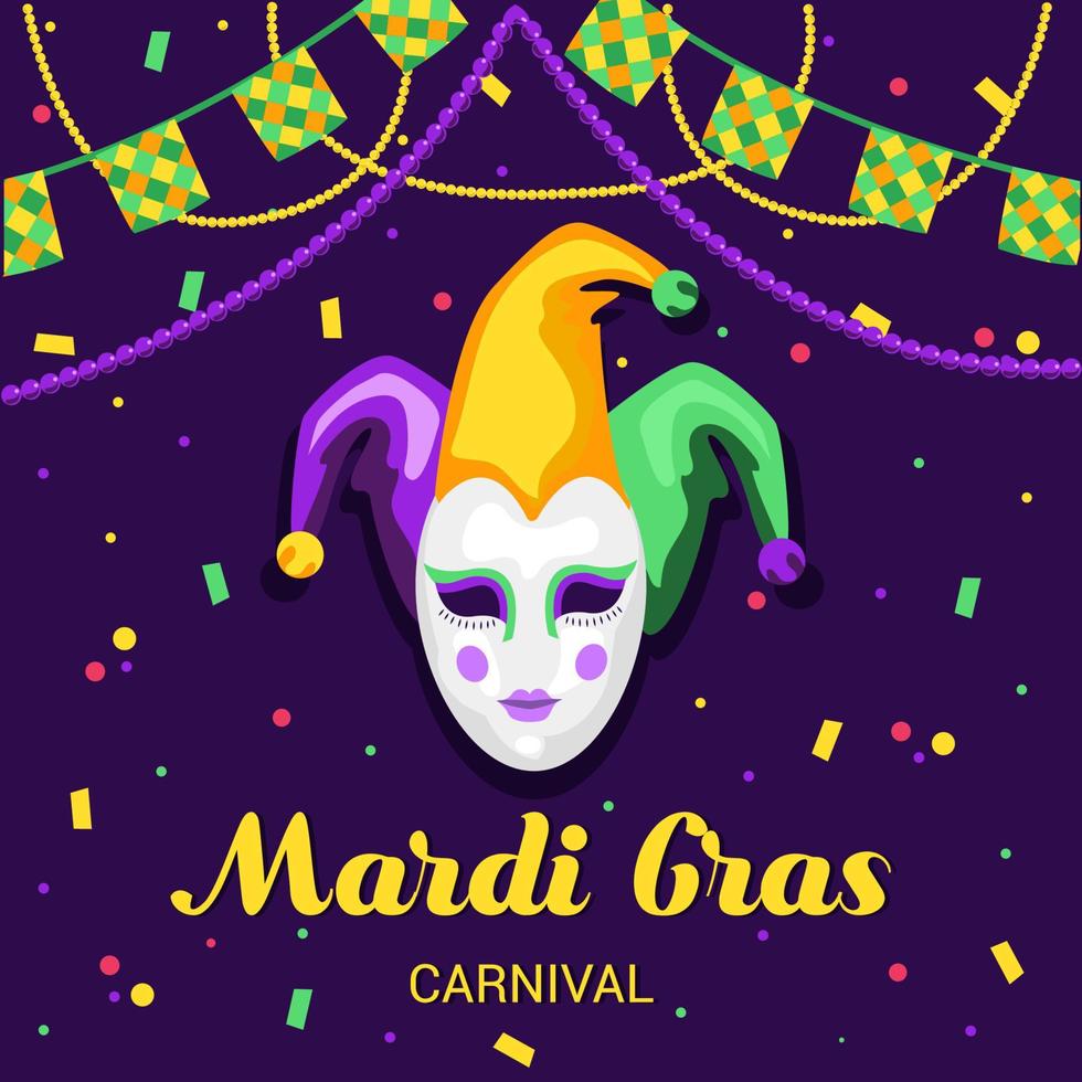 cartão de convite para uma festa de carnaval mardi gras. máscara tradicional com penas, maracas, fogos de artifício, folhas tropicais para carnaval, mardi gras, festival, baile de máscaras, desfile... modelo para o projeto vetor