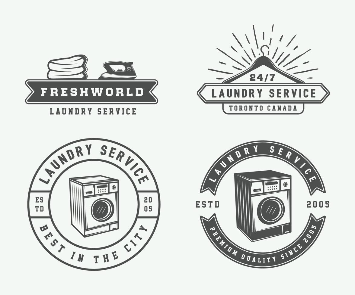 conjunto de lavanderia vintage, logotipos de serviço de limpeza ou ferro, emblemas, distintivos e elementos de design. arte gráfica monocromática. ilustração vetorial. vetor