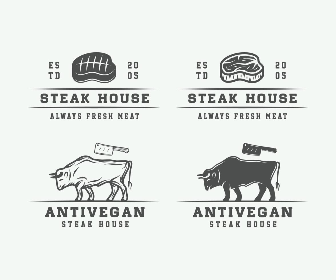 conjunto de logotipos de carne de açougue vintage, bife ou churrasco, emblemas, crachás, rótulos. arte gráfica. ilustração vetorial. vetor