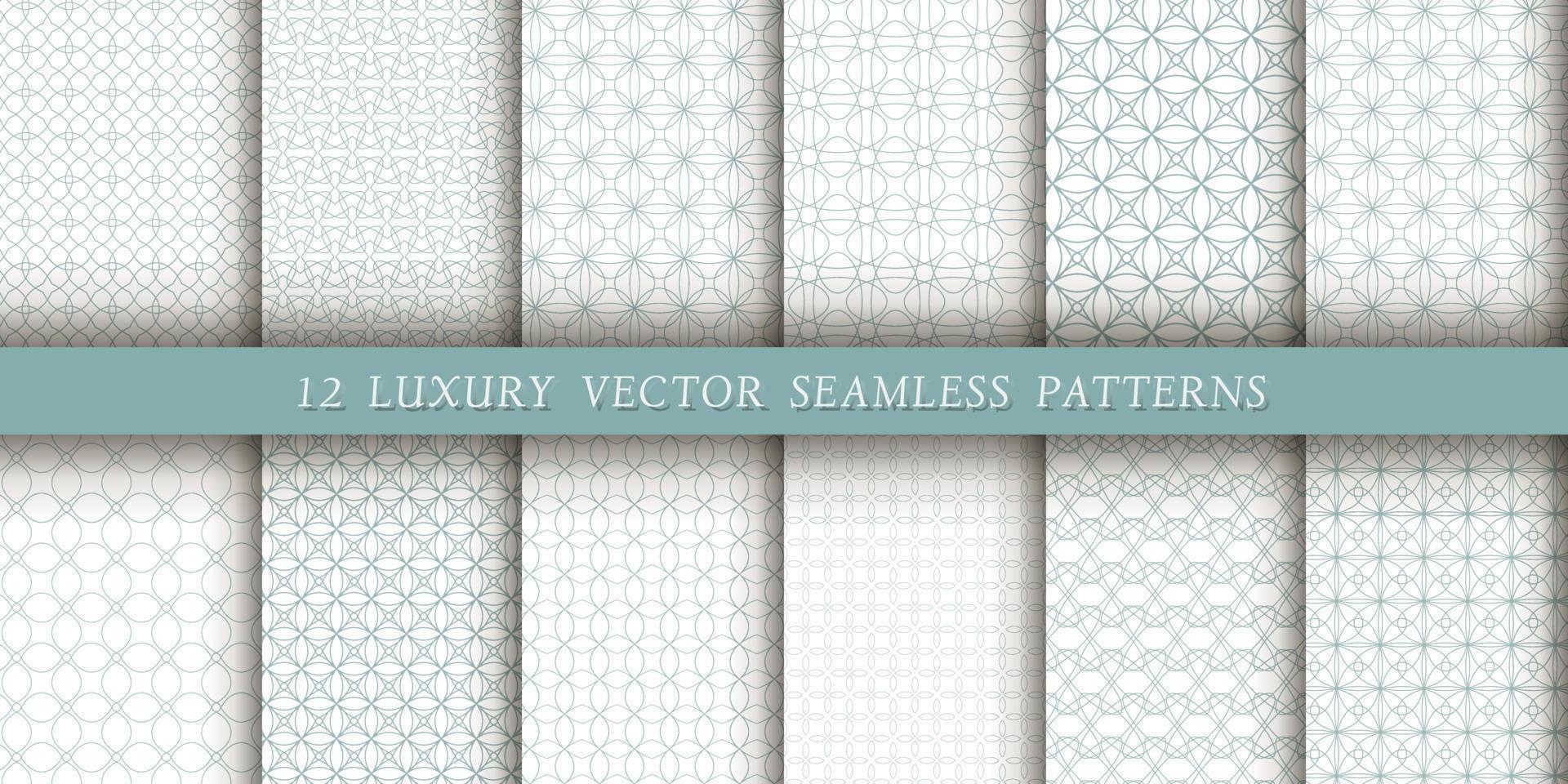 um conjunto de 12 padrões geométricos luxuosos para impressão e design, linhas cinza-azuladas sobre fundo branco. padrões modernos e elegantes vetor