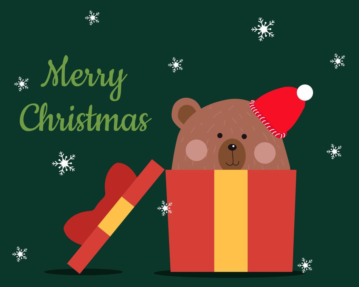 conceito de feliz natal, há um urso fofo que usa chapéu de natal vermelho em uma caixa de presente com neve caindo para o seu design. vetor