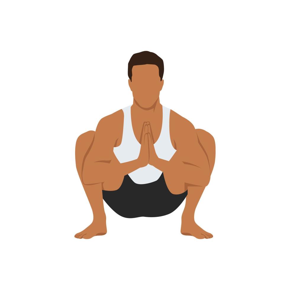 homem fazendo ioga, sentado em pose de guirlanda malasana. ilustração vetorial plana isolada no fundo branco vetor