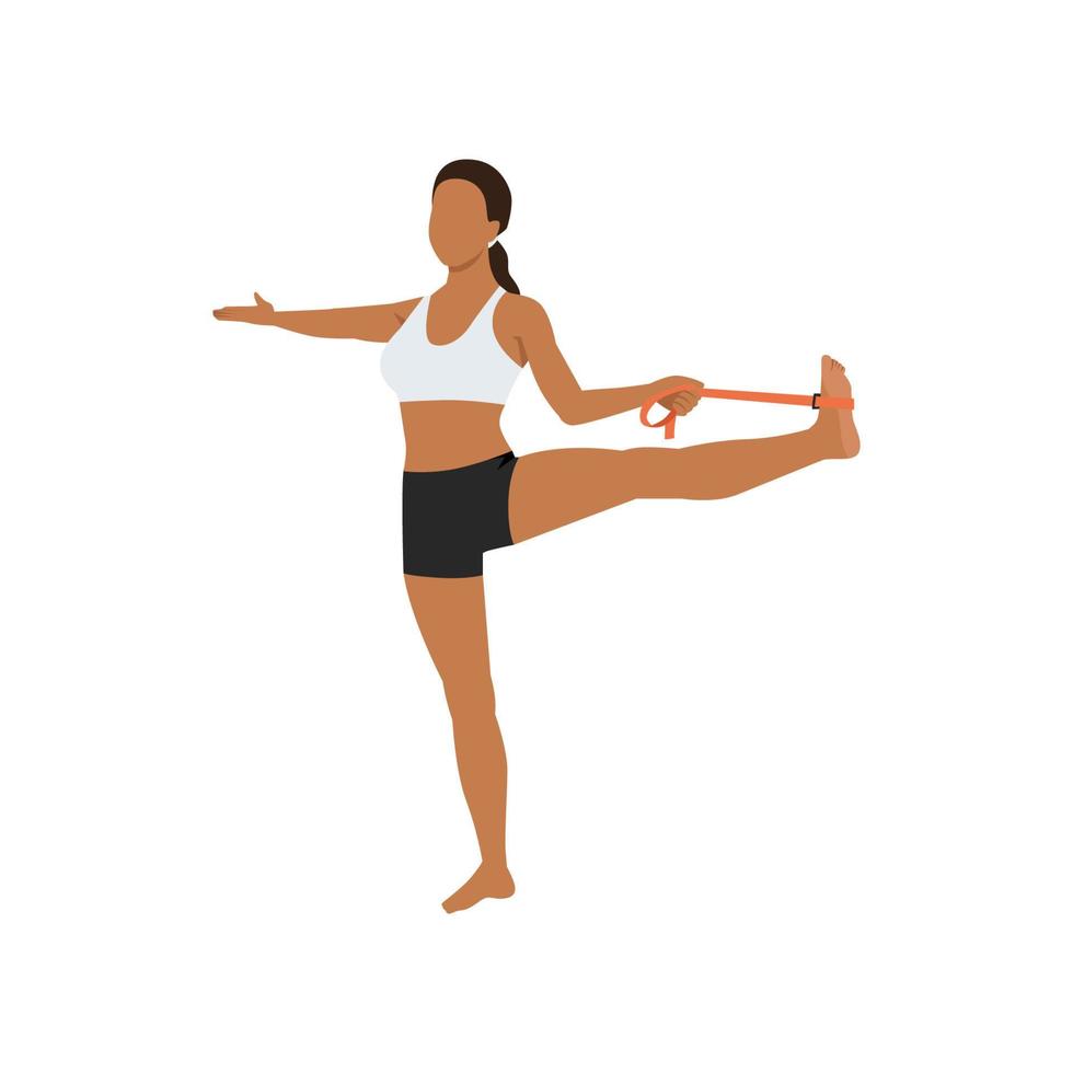 mulher fazendo a mão estendida ao dedão do pé com elástico pose utthita hasta padangusthasana exercício. ilustração vetorial plana isolada no fundo branco vetor