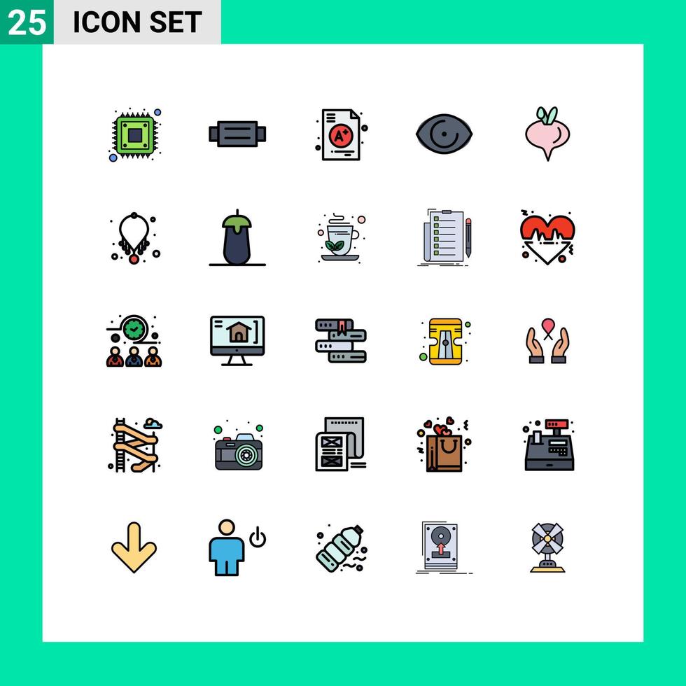 conjunto de cores planas de linha cheia de interface móvel de 25 pictogramas de visão de nabo um elemento de design vetorial editável de olho humano vetor