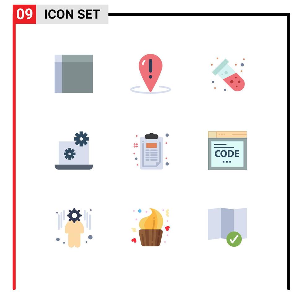 grupo de 9 sinais e símbolos de cores planas para lista de verificação, ponto de engrenagem, tubo de laptop, elementos de design de vetores editáveis