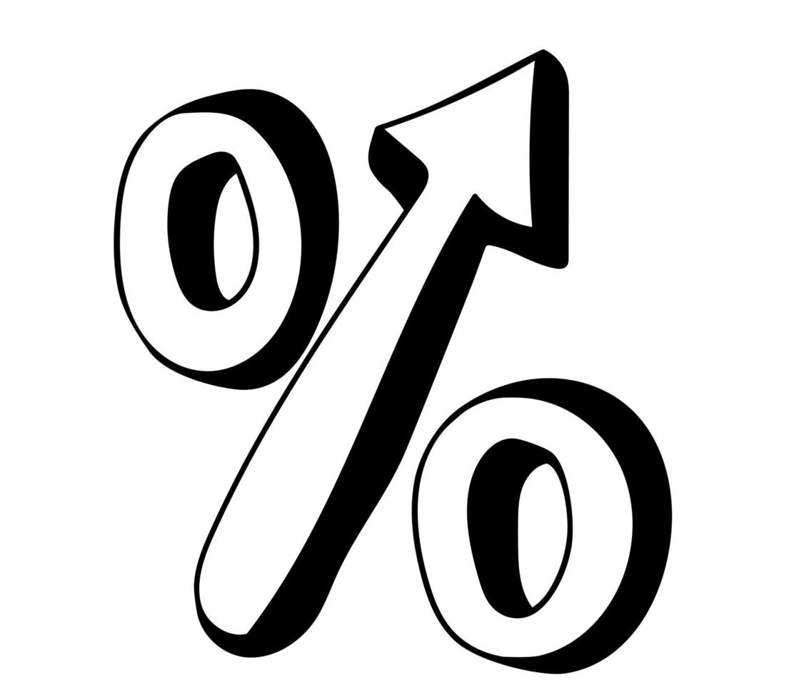 ícone de porcentagem desenhada à mão com seta para cima no estilo doodle vetor
