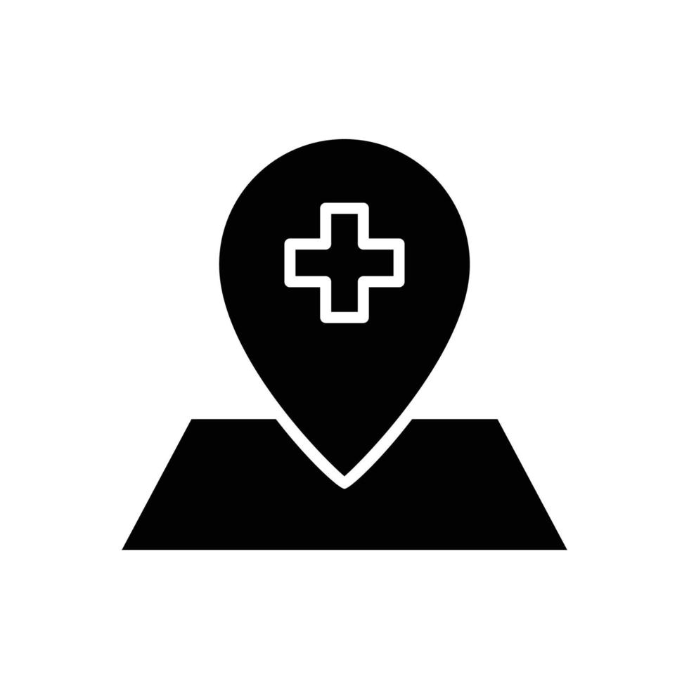 hospital sinal de mais com o ícone do mapa. estilo de ícone de glifo. adequado para o ícone de localização do hospital. ícone relacionado aos cuidados de saúde e médicos. design vetorial simples editável vetor