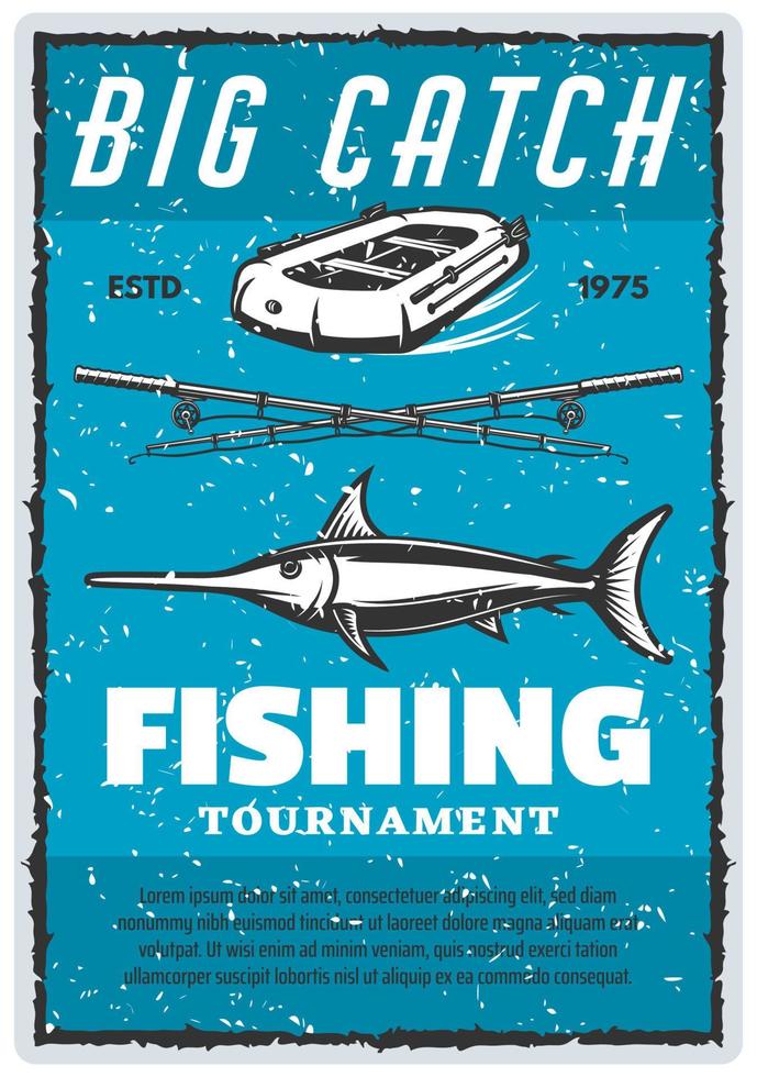 cartaz vintage de vetor ou marlin e vara de pescar