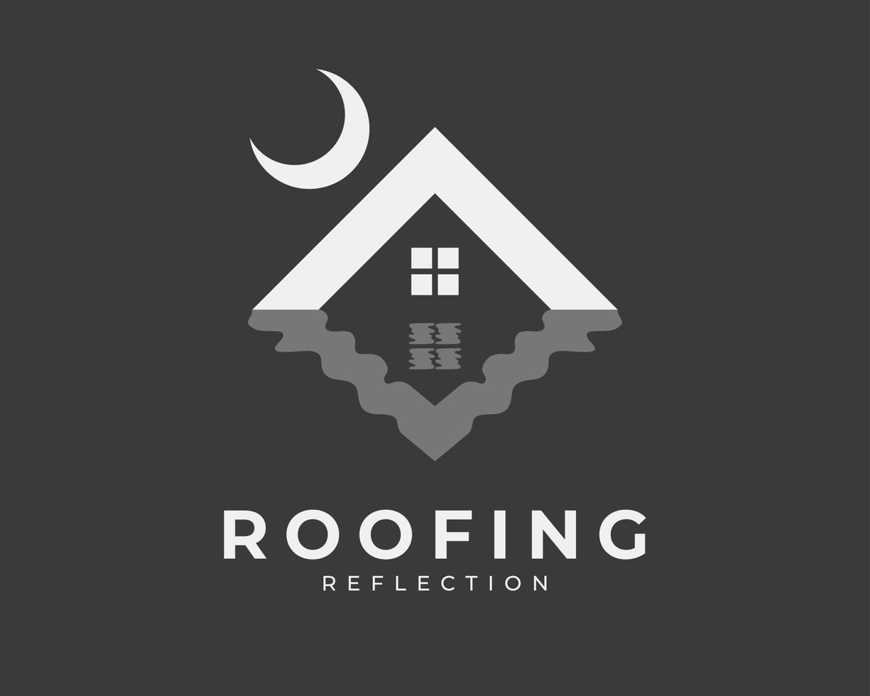 cobertura de telhado casa telhado efeito de reflexo de água lua crescente design de logotipo vetorial vetor