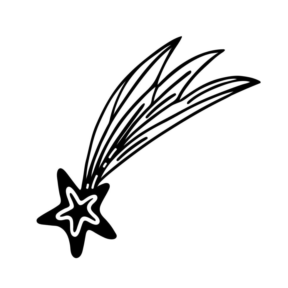 ícone de vetor de cometa caindo. ilustração desenhada à mão isolada no branco. meteorito celeste em forma de estrela. meteoro espacial com uma cauda. rabisco simples, contorno. clipart de desenho animado para logotipo, cartões, web