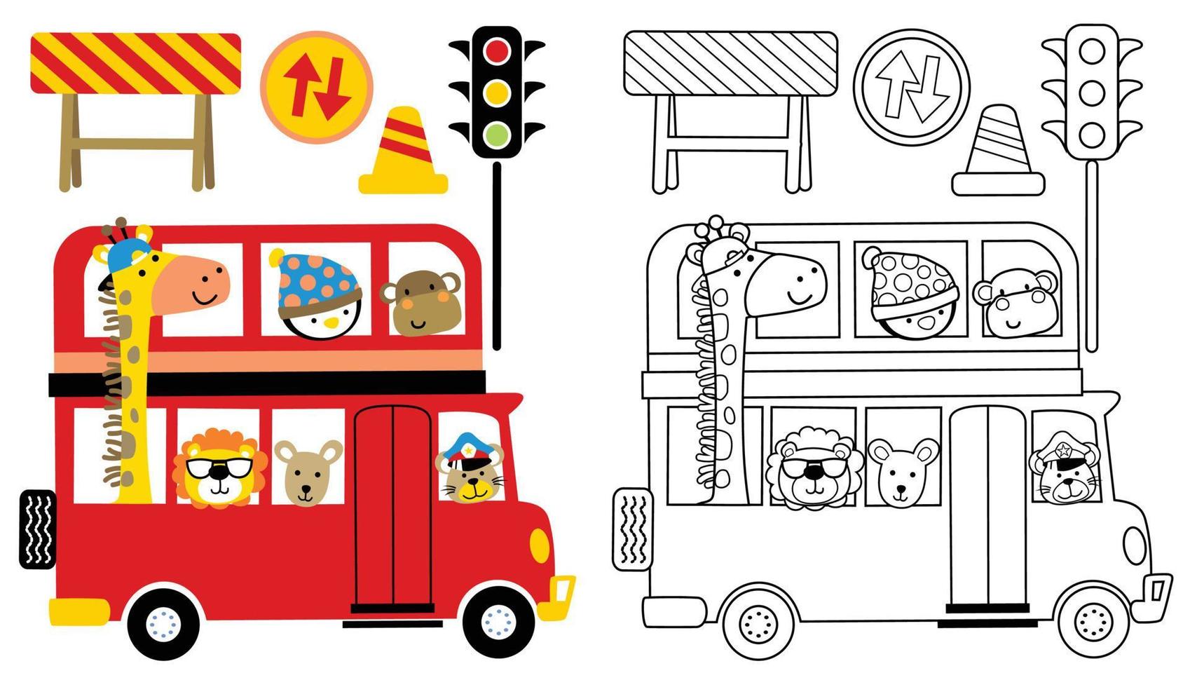 desenhos animados de animais fofos no ônibus vermelho com sinais de trânsito, livro para colorir ou página vetor