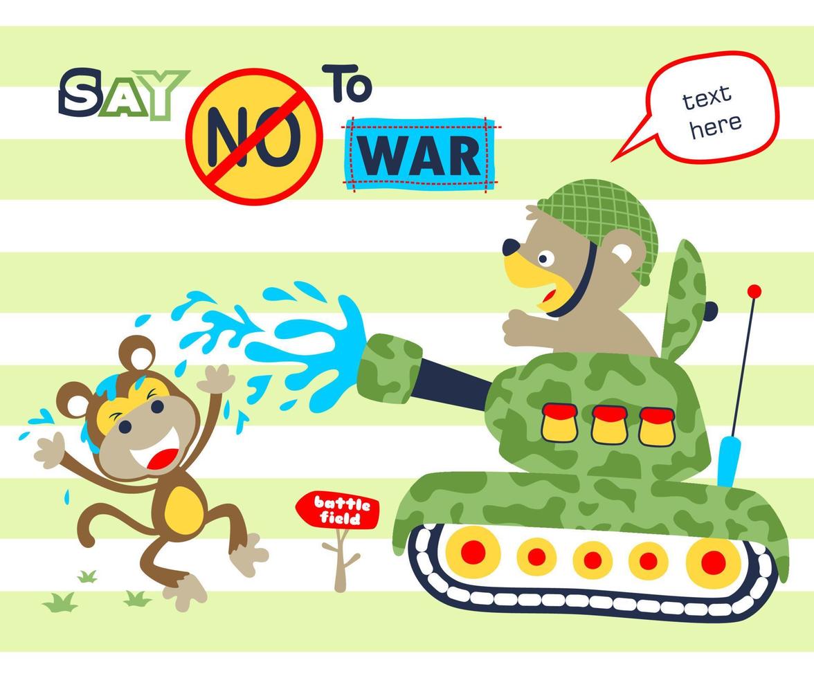 ilustração vetorial de urso de desenho animado em veículo blindado pulverizando água para macaco engraçado vetor