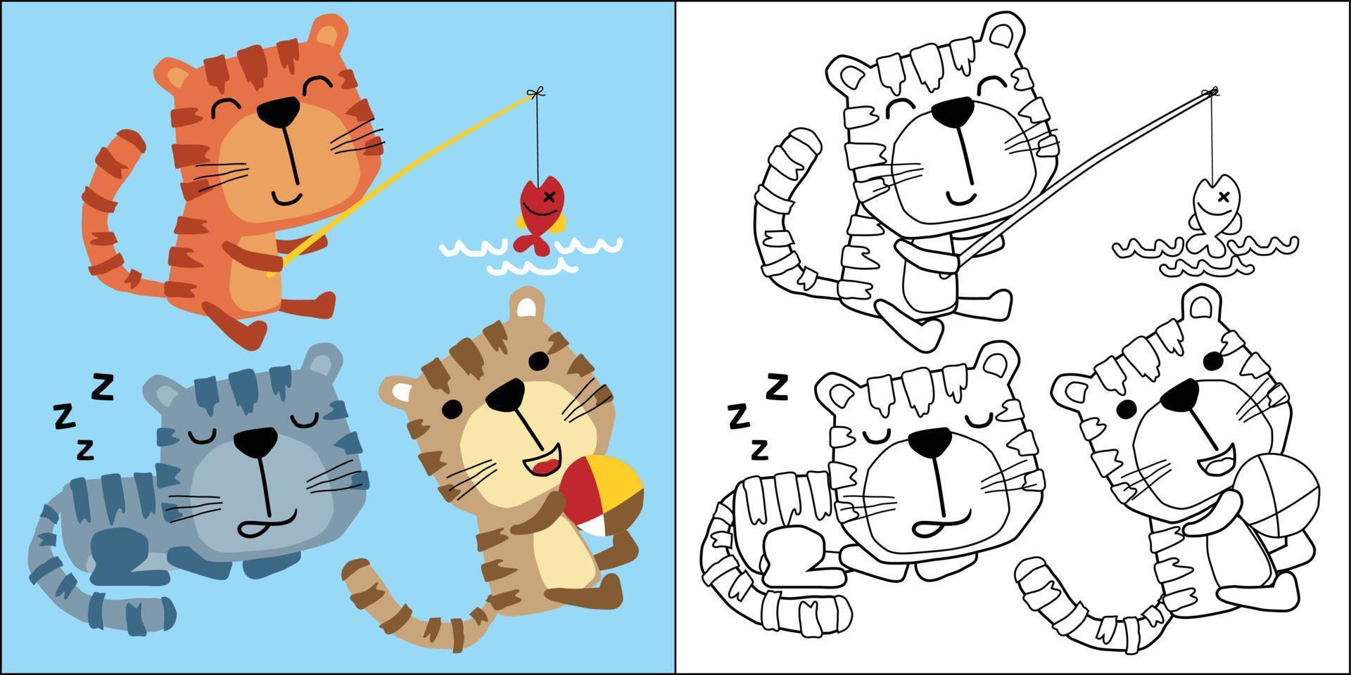 desenho vetorial de desenho animado de gatos engraçados em diferentes atividades, livro de colorir ou página vetor